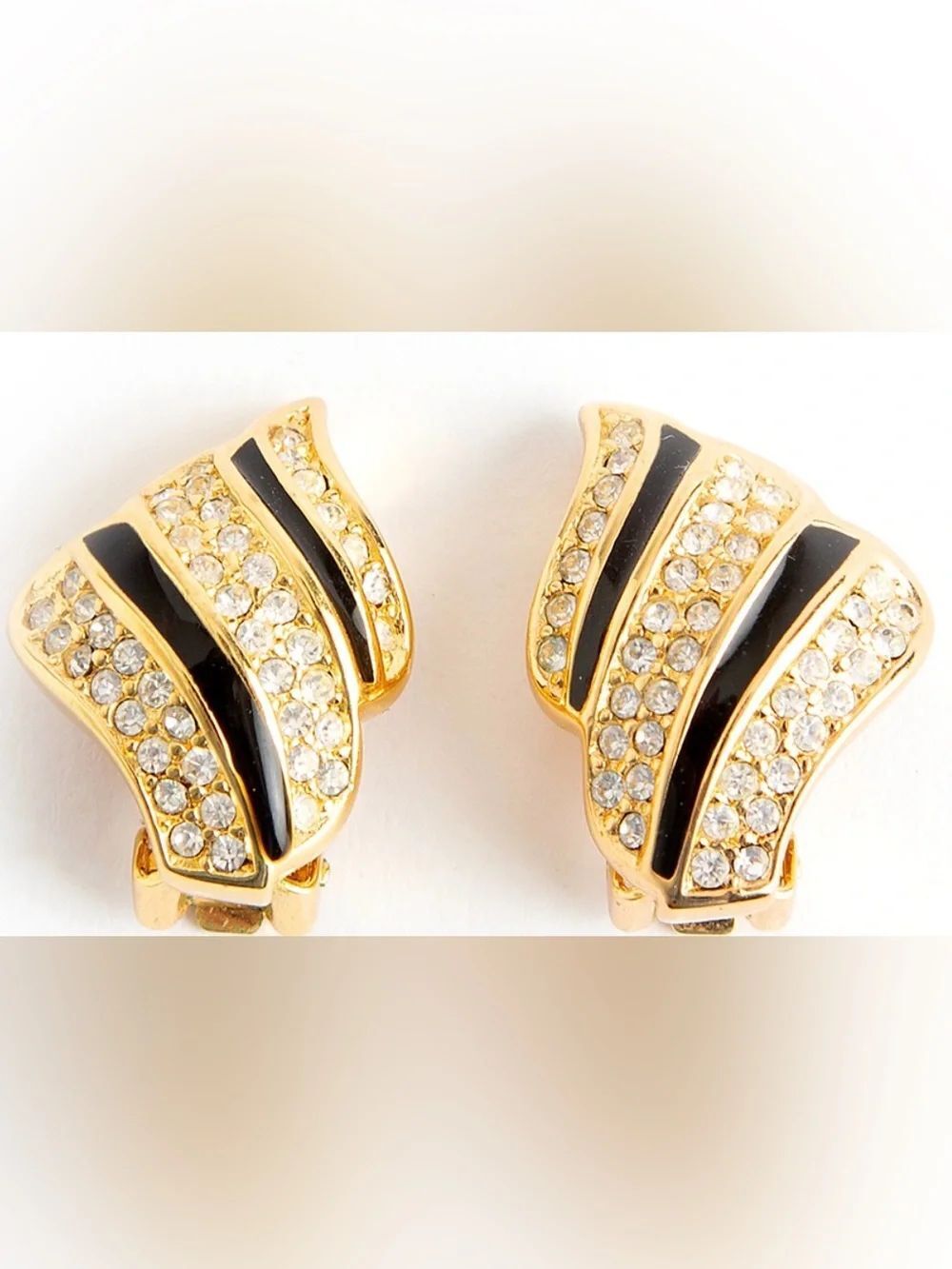 Christian Dior Gold Black Enamel Crystal Rhinestone Clip-On Earrings Vintage